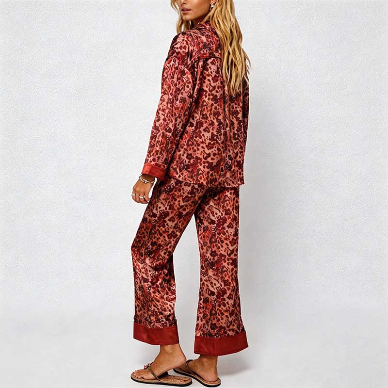 CouldNook Pajama Set 2 Piece-Leopard Print Satin Long Sleeve Button Down Top & Loose Wide Leg Pants Lounge Set