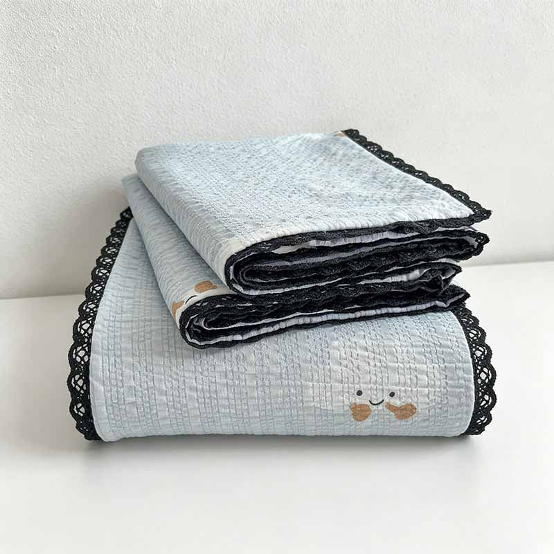 Lace Edge Flat Bed Sheet - Washed Cotton Bubble Gauze Cute Cartoon Printed Bed Cover