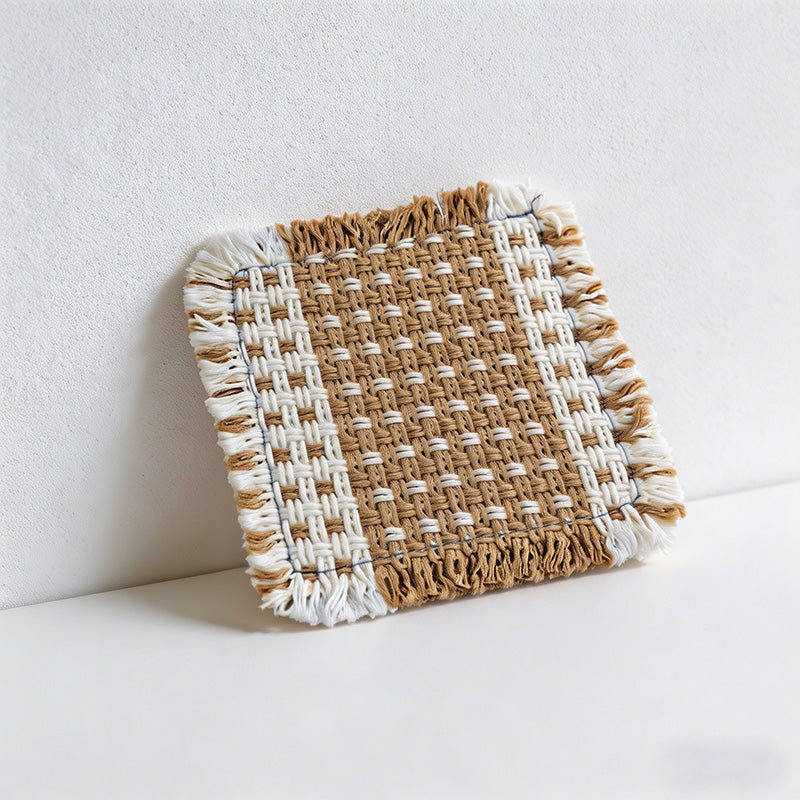 CouldNook Boho Hand-Woven Fringe Coaster - Chunky Checkered Cotton Mug Mat