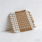 CouldNook Boho Hand-Woven Fringe Coaster - Chunky Checkered Cotton Mug Mat