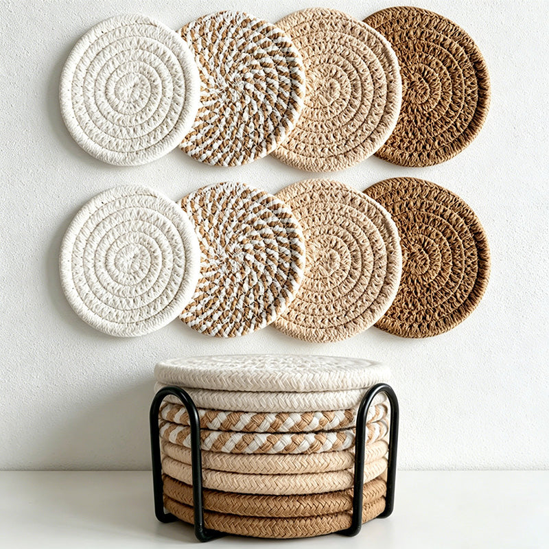 CouldNook 8-Piece Woven Cotton Coaster Set with Metal Holder - Minimalist Gradient Drink Mats