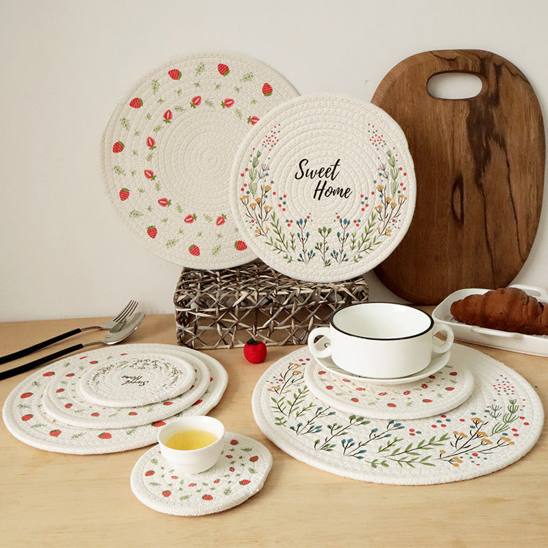 CouldNook Round Woven Cotton Rope Placemat - Cottagecore Floral Dining Mat