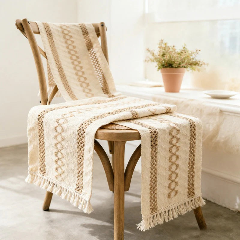 CouldNook Farmhouse Cotton Linen Table Runner - Rustic Boho Woven Macrame Mat