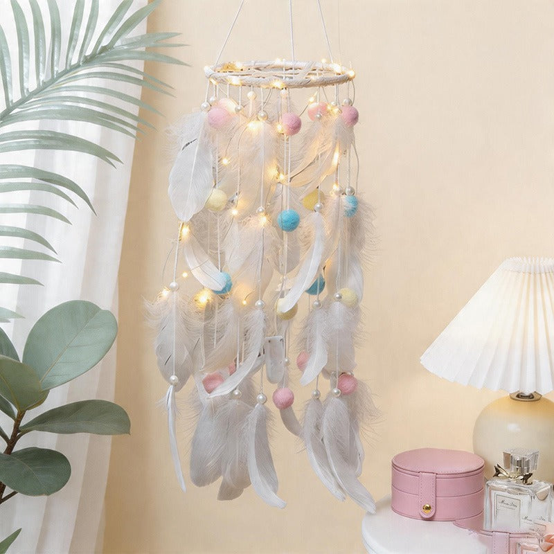 CouldNook Dreamcatcher-Cute Pom Pom Feather Dream Catcher Wind Chime Hanging Decor
