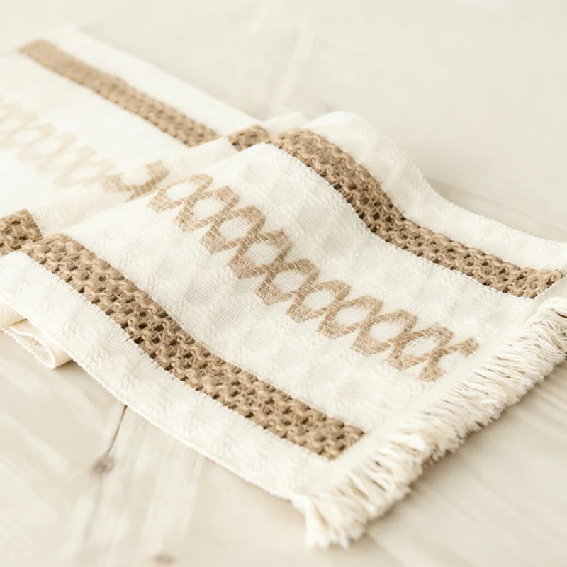 CouldNook Farmhouse Cotton Linen Table Runner - Rustic Boho Woven Macrame Mat