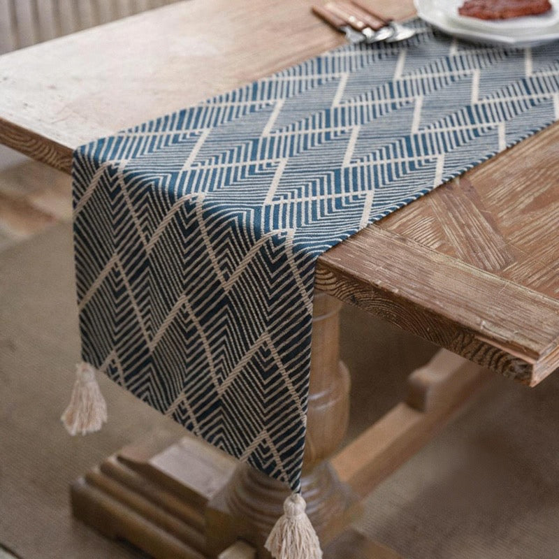 CouldNook Geometric Jacquard Table Runner - Minimalist Chevron Tassel Dresser Scarf (Classic Blue)