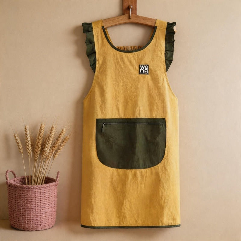 Ruffle Trim Waterproof Backband Apron - Sleeveless Canvas Kitchen Apron