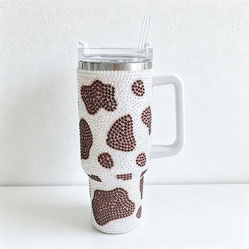 CouldNook 40oz Rhinestone Cow Print Tumbler-Stainless Steel Vacuum Insulated Ice Tumbler with Handle & Straw