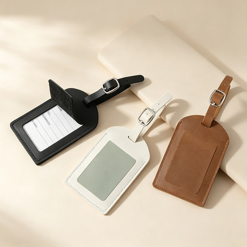 Premium Top-Grain Cowhide Leather Luggage Tags, Customizable Airplane Embossed Travel ID Tags