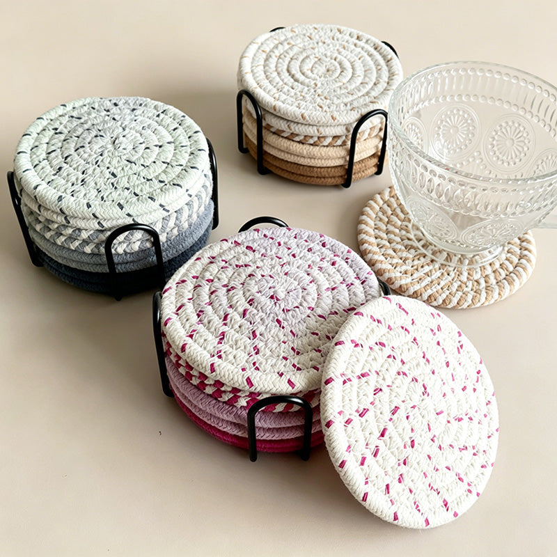 CouldNook 8-Piece Woven Cotton Coaster Set with Metal Holder - Minimalist Gradient Drink Mats