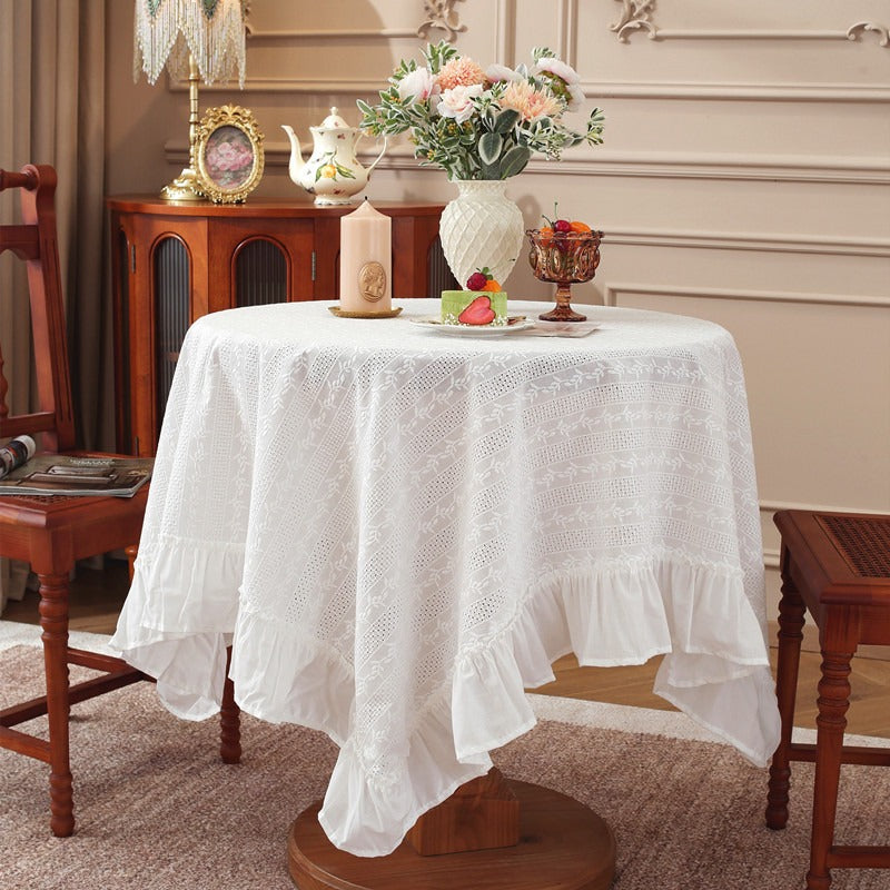 Vintage Lace Embroidered Ruffle Tablecloth - White Cotton-Blend Table Cover