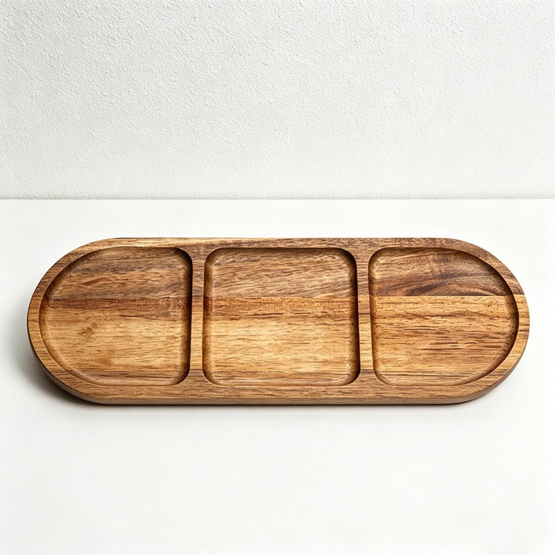Acacia Wood 3-Compartment Serving Plates - Divided Tray for Snacks, Condiments & Fruit