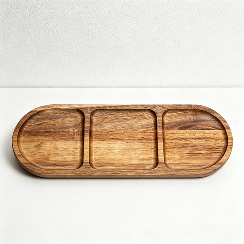 Acacia Wood 3-Compartment Serving Plates - Divided Tray for Snacks, Condiments & Fruit
