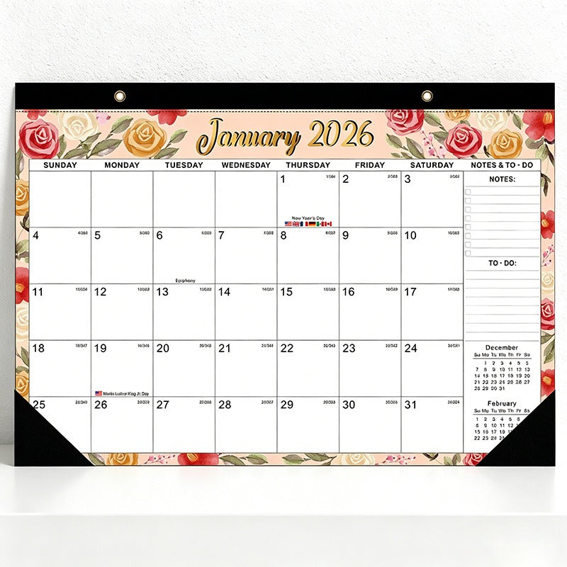 English 2026-2027 Wall Calendar - Floral Art Monthly Planner