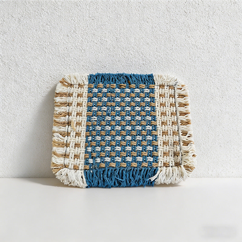CouldNook Boho Hand-Woven Fringe Coaster - Chunky Checkered Cotton Mug Mat