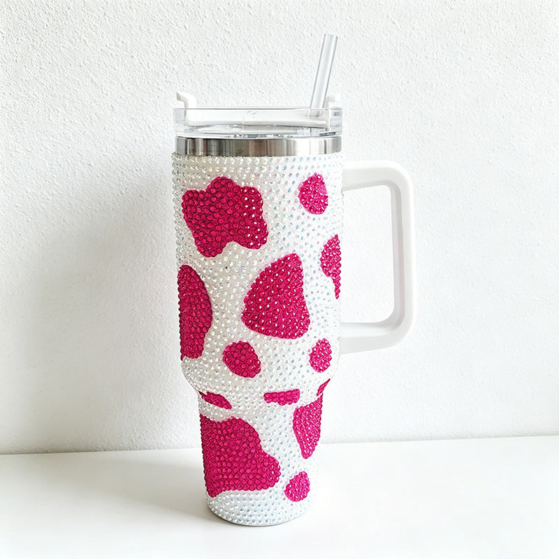 CouldNook 40oz Rhinestone Cow Print Tumbler-Stainless Steel Vacuum Insulated Ice Tumbler with Handle & Straw