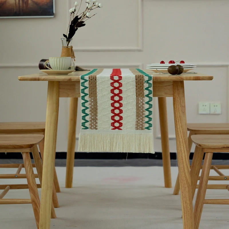 CouldNook Farmhouse Cotton Linen Table Runner - Rustic Boho Woven Macrame Mat