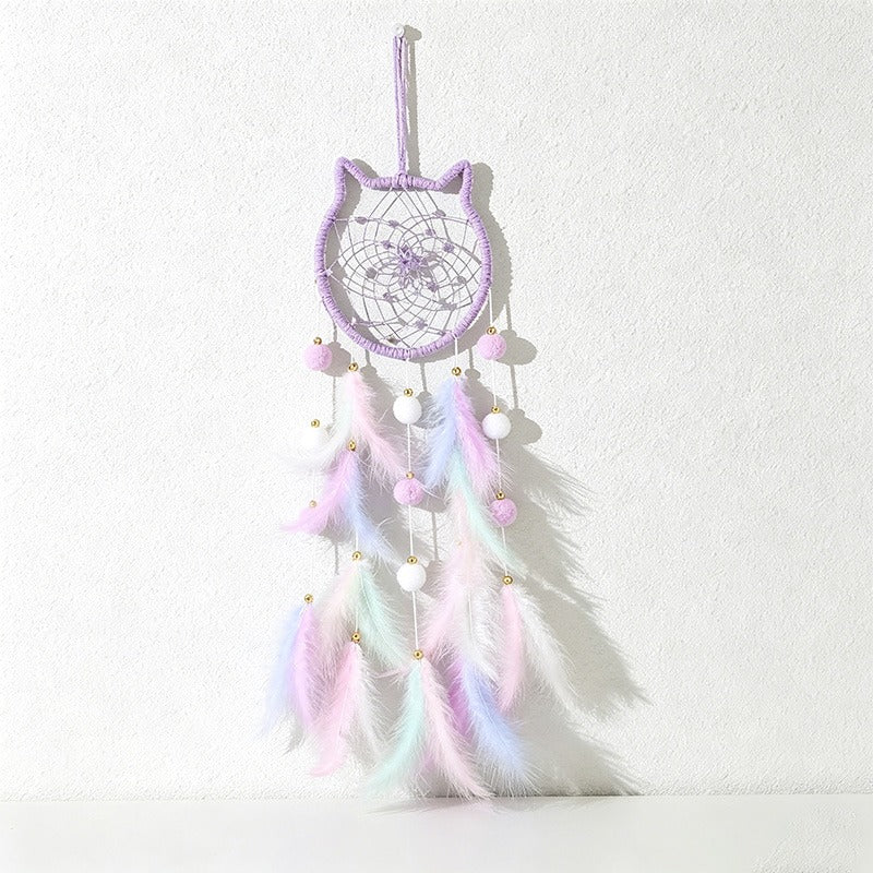 CouldNook Dreamcatcher-Handmade Star Moon Cat Shaped Feather Pom Pom Dream Catcher Wind Chime