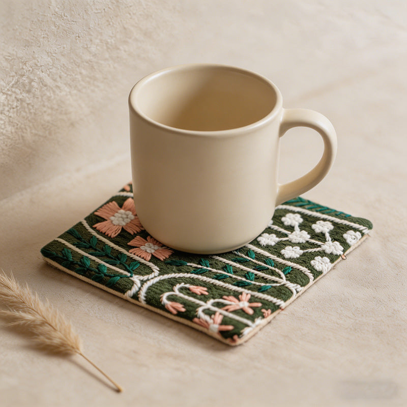 CouldNook Vintage Embroidered Fabric Coaster - Japanese Floral Square Mug Mat