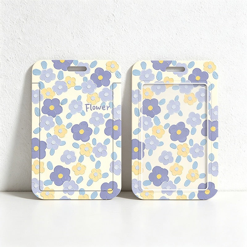 Cute Oil Painting Flower Card Holder with Keychain/Lanyard, Cartoon ID Card Case for Students & Kids