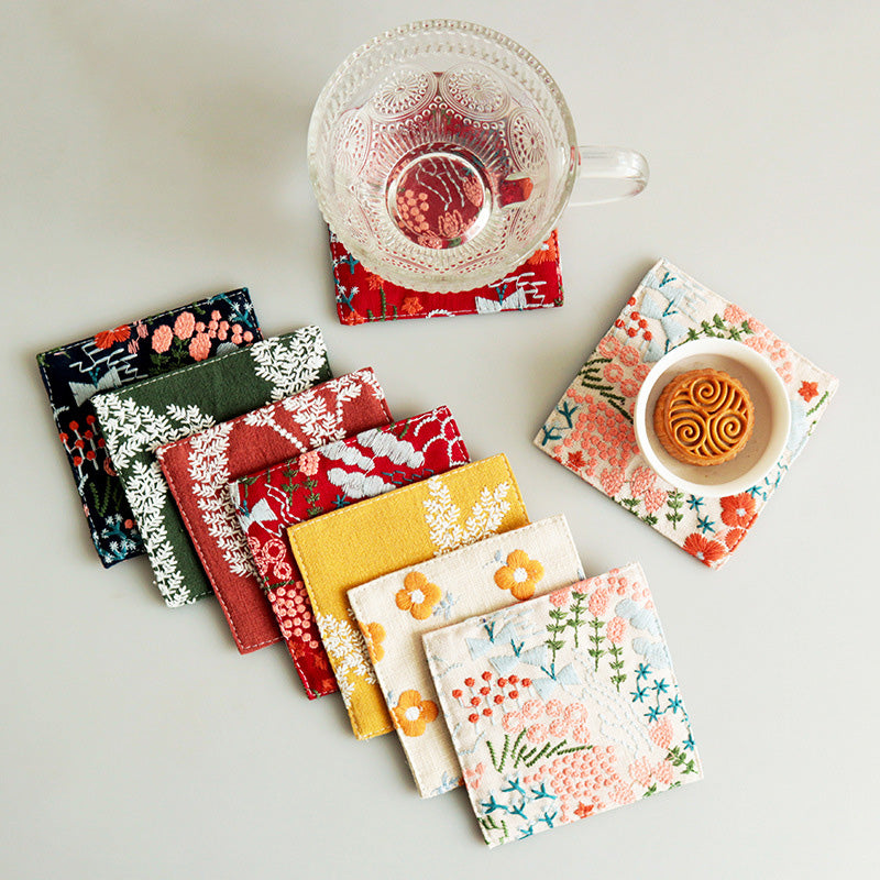 CouldNook Embroidered Cotton Linen Coaster - Cottagecore Floral Drink Mat
