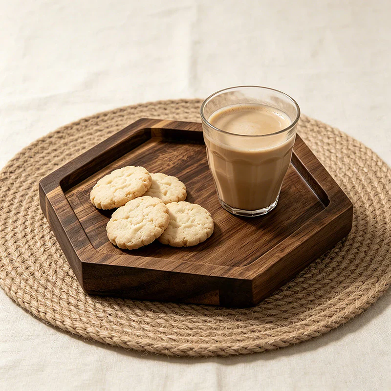 Acacia Wood Hexagonal Serving Plates- Versatile Tray for Tea, Snacks & Decor