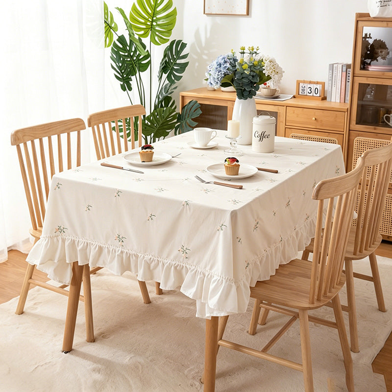 Embroidered Floral Ruffle Tablecloth - White Cotton-Blend Table Cover for Home & Events