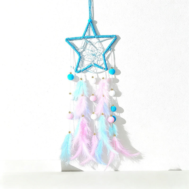 CouldNook Dreamcatcher-Handmade Star Moon Cat Shaped Feather Pom Pom Dream Catcher Wind Chime