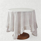 Boho Diamond Cutwork Ruffle Tablecloth - White Cotton-Blend Table Cover