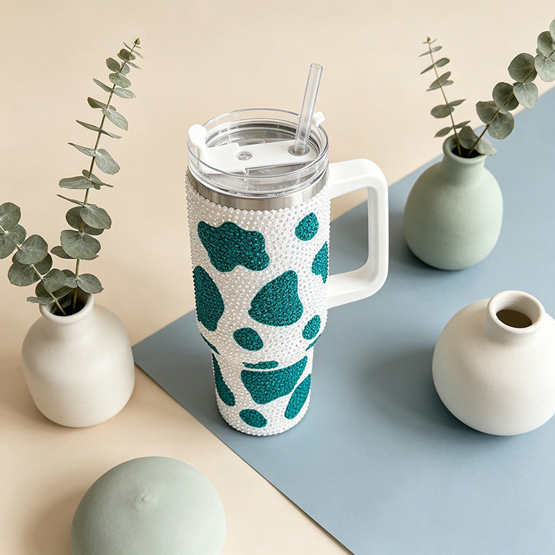 CouldNook 40oz Rhinestone Cow Print Tumbler-Stainless Steel Vacuum Insulated Ice Tumbler with Handle & Straw