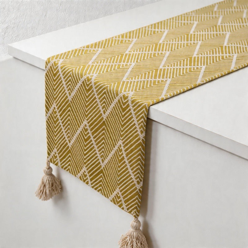 CouldNook Geometric Jacquard Table Runner - Minimalist Chevron Tassel Dresser Scarf (Mustard Yellow)