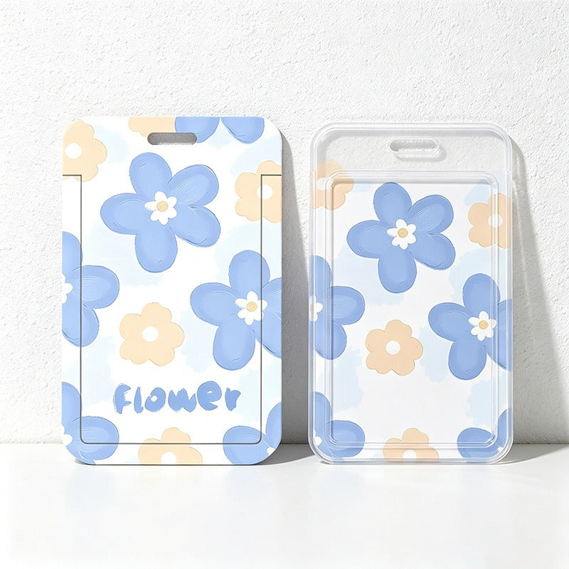 Cute Oil Painting Flower Card Holder with Keychain/Lanyard, Cartoon ID Card Case for Students & Kids