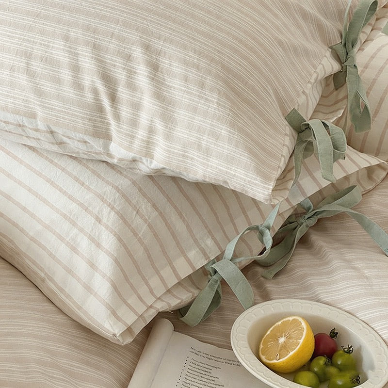 CouldNook Vintage Washed Cotton Striped Pillowcase - Cottagecore Bowknot Tie Pillow Cover