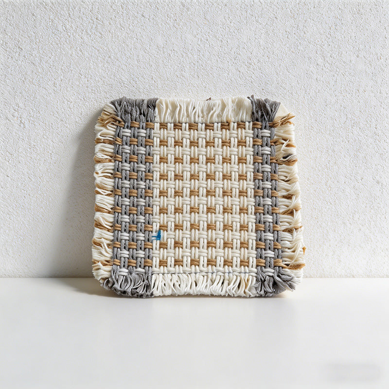 CouldNook Boho Hand-Woven Fringe Coaster - Chunky Checkered Cotton Mug Mat