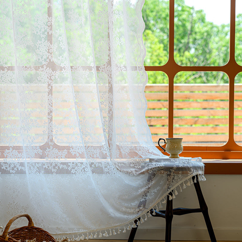 French Floral Lace Sheer Curtains - White Transparent Tulle Drape