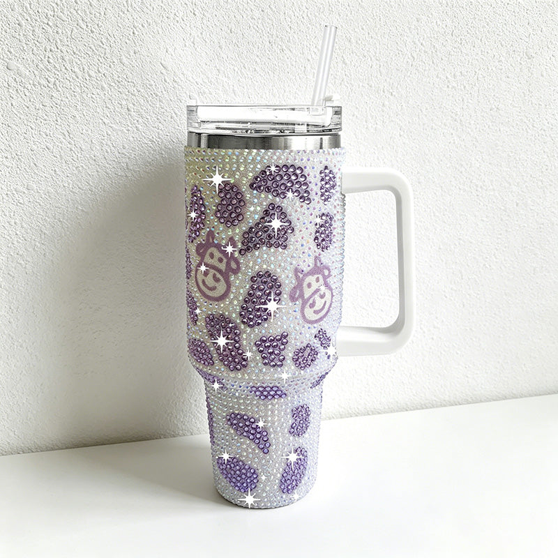 CouldNook 40oz Rhinestone Cow Print Tumbler-Stainless Steel Vacuum Insulated Ice Tumbler with Handle & Straw