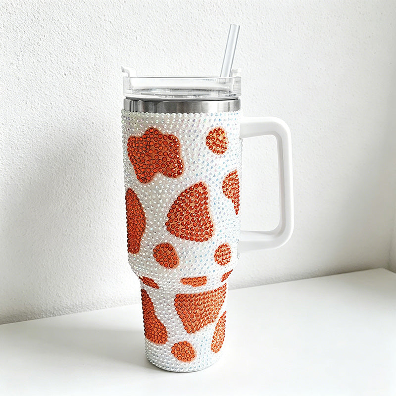 CouldNook 40oz Rhinestone Cow Print Tumbler-Stainless Steel Vacuum Insulated Ice Tumbler with Handle & Straw