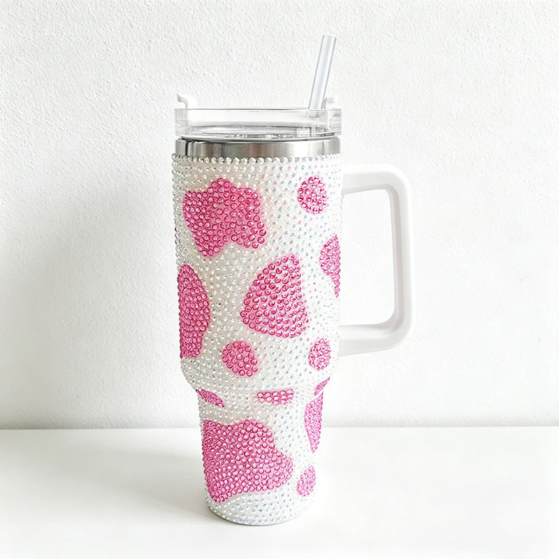 CouldNook 40oz Rhinestone Cow Print Tumbler-Stainless Steel Vacuum Insulated Ice Tumbler with Handle & Straw
