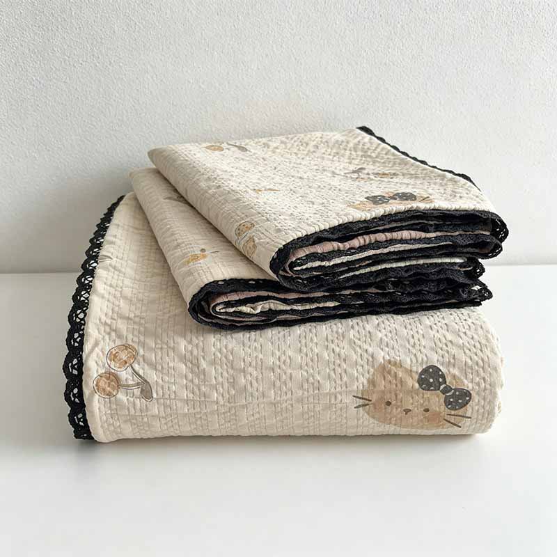 Lace Edge Flat Bed Sheet - Washed Cotton Bubble Gauze Cute Cartoon Printed Bed Cover