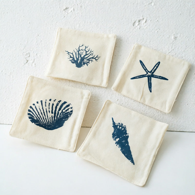 CouldNook Rustic Embroidered Fabric Coaster Set of 4 - Farmhouse Cotton Mug Mat