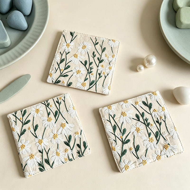 CouldNook Embroidered Cotton Linen Coaster - Cottagecore Daisy Drink Mat