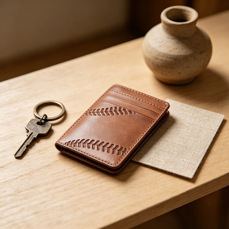 Standard Genuine Leather Card Holder, Slim Open-Front Multi-Slot Wallet with Baseball Stitch Detail