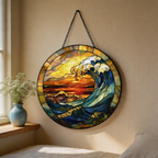 CouldNook Suncatcher-Ocean Wave Sunset Stained Glass Style Glass Sun Catcher Hanging Ornament