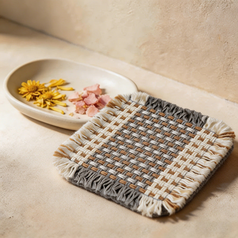 CouldNook Boho Hand-Woven Fringe Coaster - Chunky Checkered Cotton Mug Mat