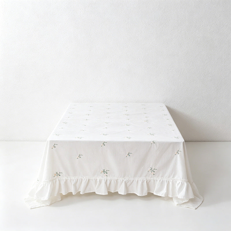 Embroidered Floral Ruffle Tablecloth - White Cotton-Blend Table Cover for Home & Events
